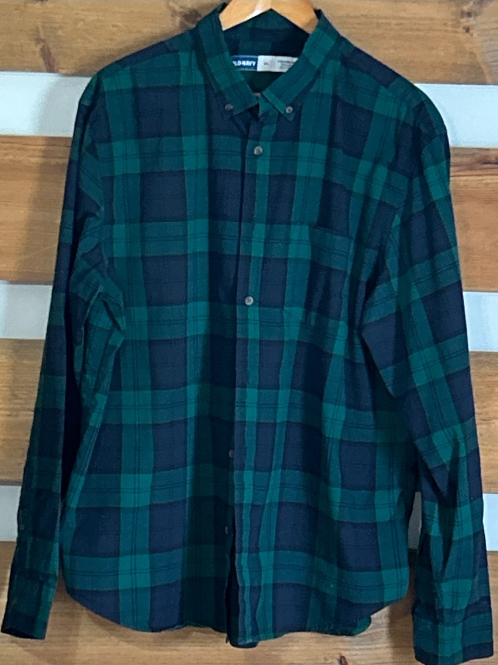 Old Navy Regular Fit Built-In Flex Green/Navy Chunky Plaid Button Shirt Size XL